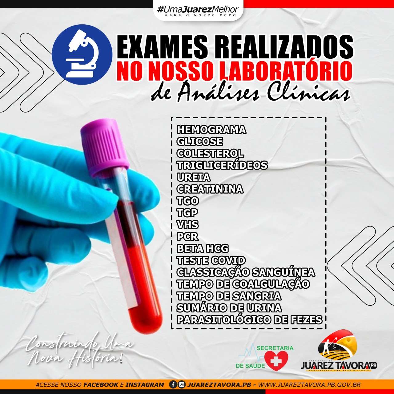 Juarez Távora: Laboratório de Análises Clínicas do município disponibiliza exames clínicos de rotina para a população