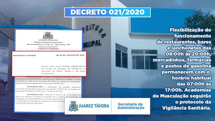 Prefeitura Municipal de Juarez Távora emite o Decreto 021/2020 para flexibilização do funcionamento de restaurantes, lanchonetes, bares e academias.