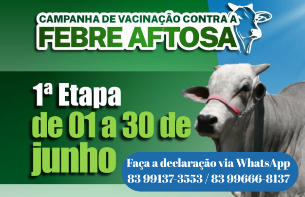 A Secretaria de Agricultura de Juarez Távora avisa aos pecuaristas do município que, a campanha de vacinação contra a da febre aftosa vai até o dia 30 de junho.