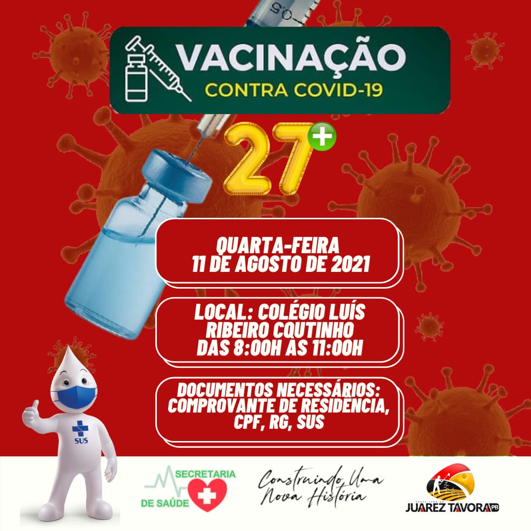 NESTA QUARTA: vacinação contra Covid- 19 para quem tem 27 anos ou mais