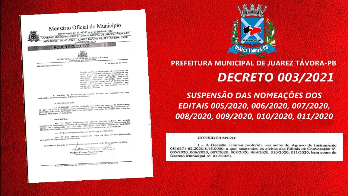 DECRETO / SUSPENSÃO DAS NOMEAÇÕES DOS EDITAIS 005/2020, 006/2020, 007/2020, 008/2020, 009/2020, 010/2020, 011/2020