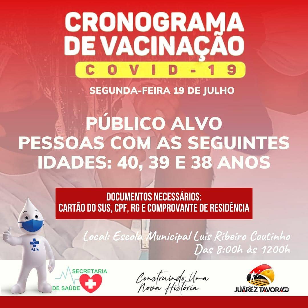 Mais um dia D da vacinação contra a Covid-19, a partir das 8 horas na escola Luiz Ribeiro Coutinho, para o público de 38, 39 e 40 anos.