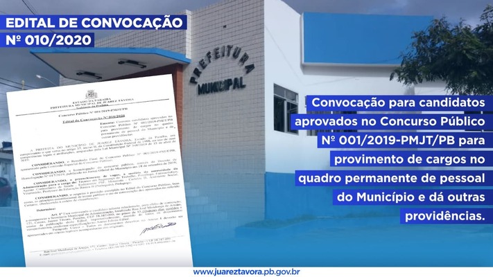  Edital de convocação 010/2020 referente ao Concurso Público 01/2019 para provimento de cargos no quadro permanente de funcionários.