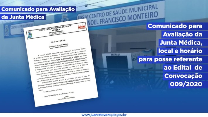 C O M U N I C A D O: Avaliação da Junta Médica, local e horário para posse, referente ao Edital de Convocação 09/2020.